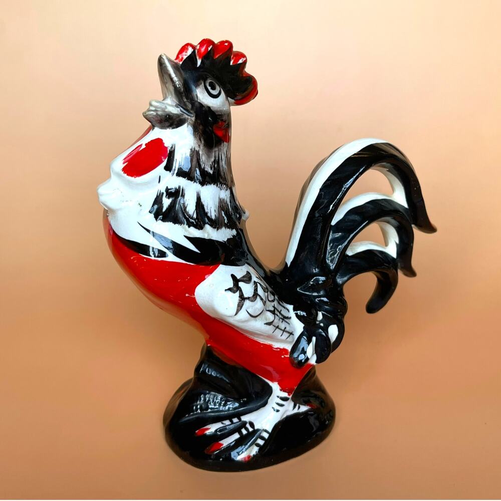 Vintage 1950s Japan Ceramic Rooster Figurine Red Black White MCM 6.75"